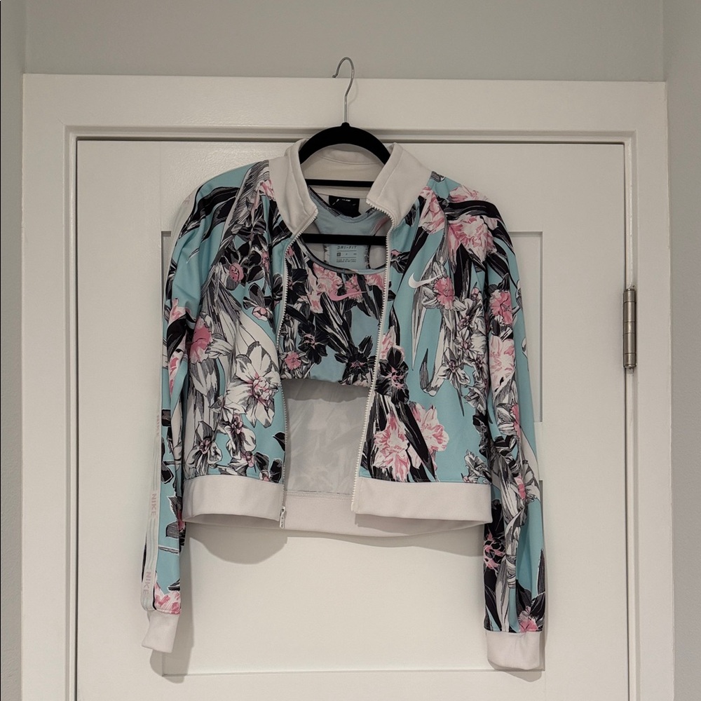 Nike Women's Floral Bomber Jacket and matching Sports Bra - Black, Pink, Blue